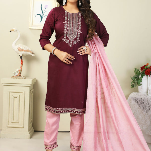 Vamika Chinon Embroidery Mahroon Party Wear/Casual Wear/Office Wear Kurta Set/Suit - Distacart