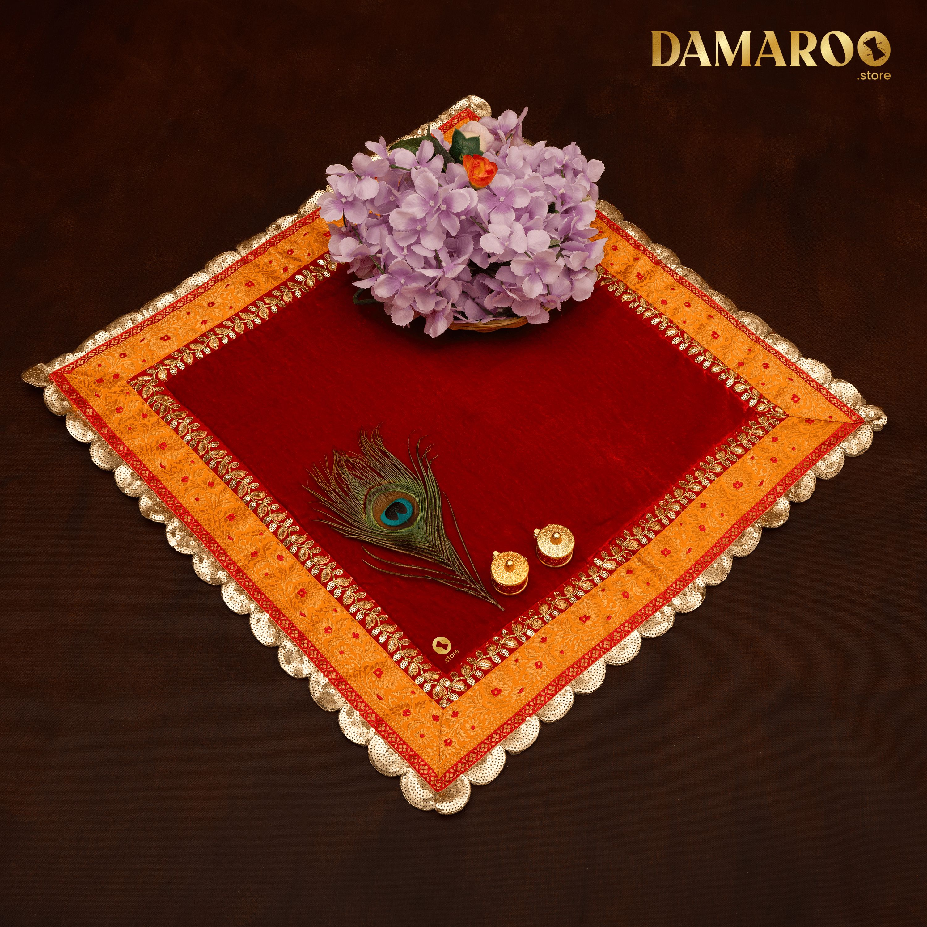 Damaroo Set of 2 | 2x2 ft | Divine Comfort | Anti Skid Cushioned Velvety Aasan - Kumkum Red - Distacart