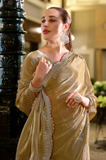 Thumbnail for Vastranavya Beige Embroidery Work Shimmer Chiffon Saree with Unstitched Blouse