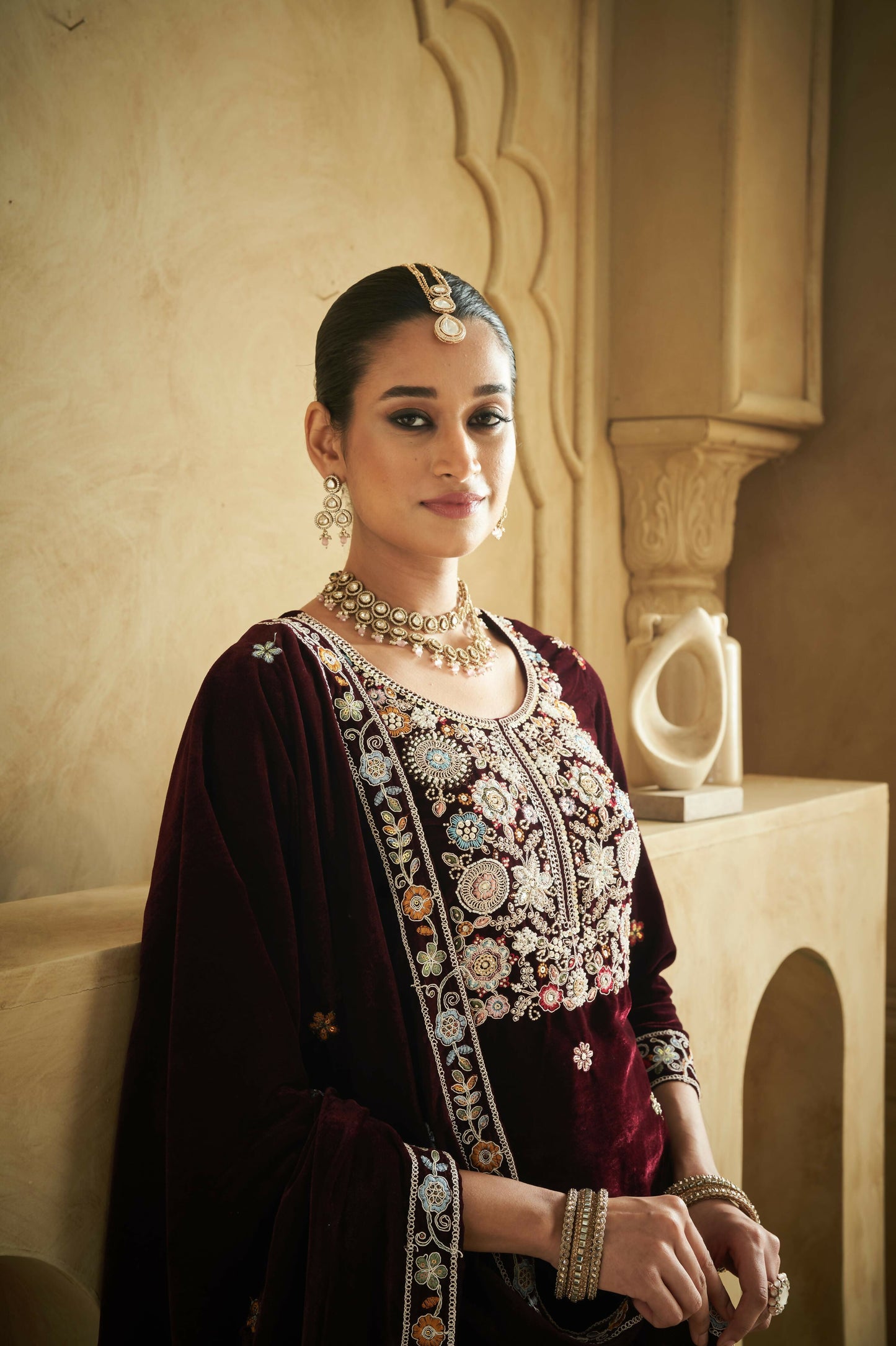 Anaita Purple Embroidered Work Velvet Stitched Plazo Suit - Distacart