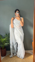Thumbnail for Malishka Export Cotton Printed Ready To Wear Saree With Blouse Piece - Grey - Distacart