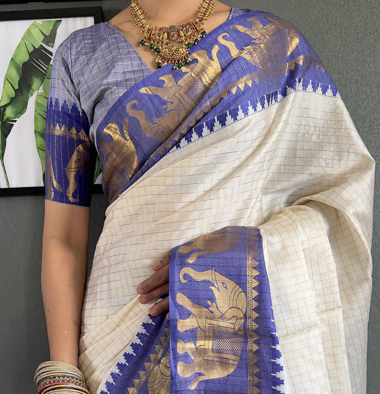 Malishka Export Kanjivaram Woven Ready To Wear Saree With Blouse Piece - White-Blue - Distacart