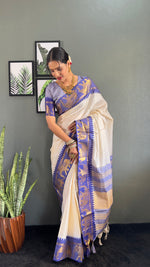 Thumbnail for Malishka Export Kanjivaram Woven Ready To Wear Saree With Blouse Piece - White-Blue - Distacart
