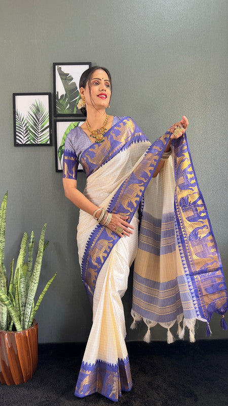 Malishka Export Kanjivaram Woven Ready To Wear Saree With Blouse Piece - White-Blue - Distacart
