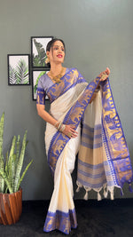 Thumbnail for Malishka Export Kanjivaram Woven Ready To Wear Saree With Blouse Piece - White-Blue - Distacart