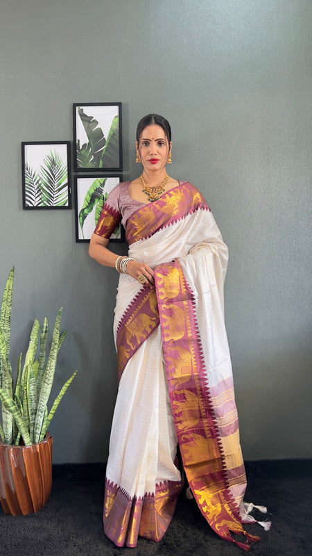 Malishka Export Kanjivaram Woven Ready To Wear Saree With Blouse Piece - White-Brown - Distacart