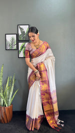 Thumbnail for Malishka Export Kanjivaram Woven Ready To Wear Saree With Blouse Piece - White-Brown - Distacart