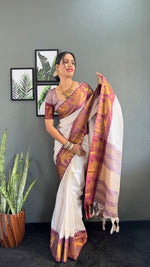 Thumbnail for Malishka Export Kanjivaram Woven Ready To Wear Saree With Blouse Piece - White-Brown - Distacart
