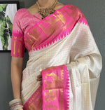 Thumbnail for Malishka Export Kanjivaram Woven Ready To Wear Saree With Blouse Piece - White-Pink - Distacart