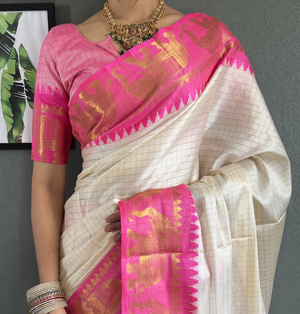 Malishka Export Kanjivaram Woven Ready To Wear Saree With Blouse Piece - White-Pink - Distacart