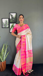Thumbnail for Malishka Export Kanjivaram Woven Ready To Wear Saree With Blouse Piece - White-Pink - Distacart