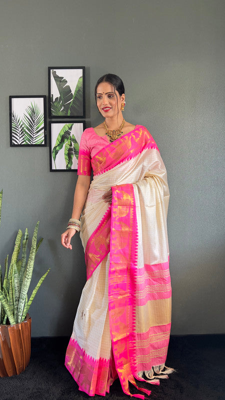 Malishka Export Kanjivaram Woven Ready To Wear Saree With Blouse Piece - White-Pink - Distacart