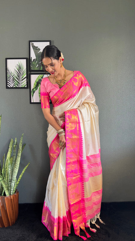 Malishka Export Kanjivaram Woven Ready To Wear Saree With Blouse Piece - White-Pink - Distacart