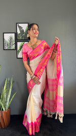 Thumbnail for Malishka Export Kanjivaram Woven Ready To Wear Saree With Blouse Piece - White-Pink - Distacart