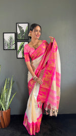 Thumbnail for Malishka Export Kanjivaram Woven Ready To Wear Saree With Blouse Piece - White-Pink - Distacart