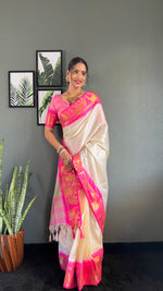 Thumbnail for Malishka Export Kanjivaram Woven Ready To Wear Saree With Blouse Piece - White-Pink - Distacart