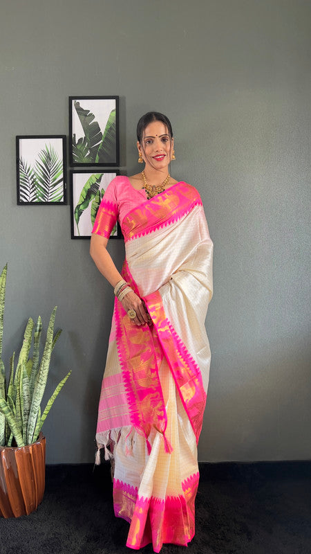 Malishka Export Kanjivaram Woven Ready To Wear Saree With Blouse Piece - White-Pink - Distacart