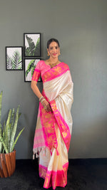 Thumbnail for Malishka Export Kanjivaram Woven Ready To Wear Saree With Blouse Piece - White-Pink - Distacart