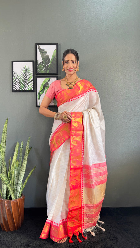 Malishka Export Kanjivaram Woven Ready To Wear Saree With Blouse Piece - White-Red - Distacart