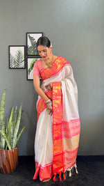 Thumbnail for Malishka Export Kanjivaram Woven Ready To Wear Saree With Blouse Piece - White-Red - Distacart