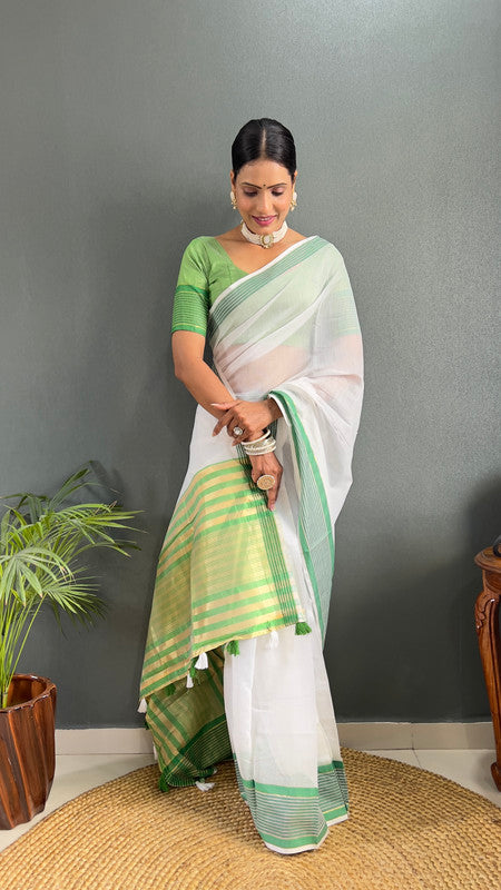 Malishka Export Cotton Printed Ready To Wear Saree With Blouse Piece - Green - Distacart