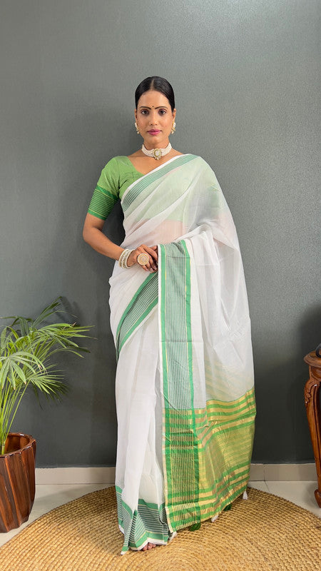 Malishka Export Cotton Printed Ready To Wear Saree With Blouse Piece - Green - Distacart