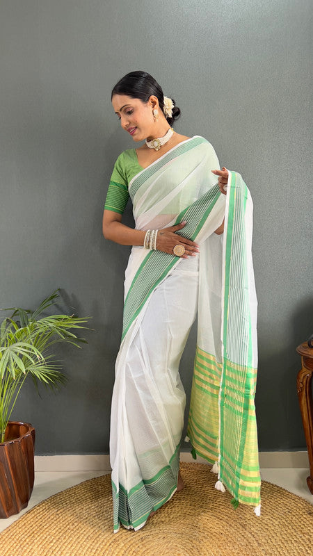 Malishka Export Cotton Printed Ready To Wear Saree With Blouse Piece - Green - Distacart