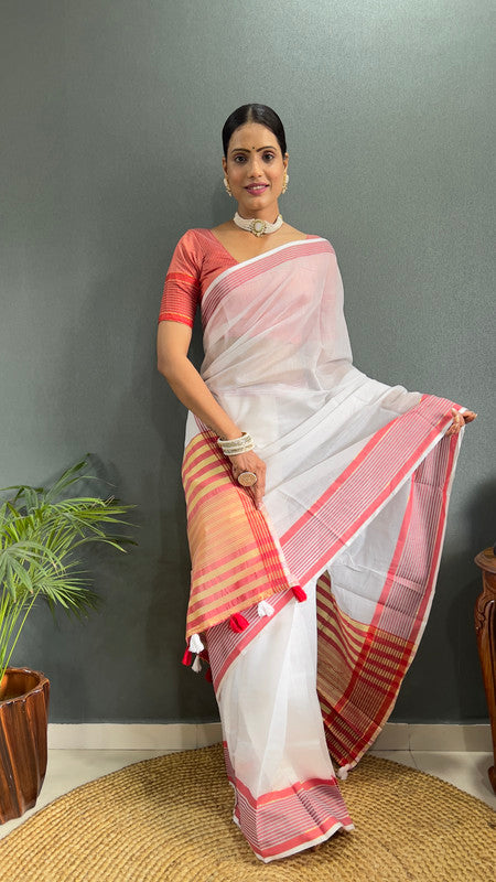 Malishka Export Cotton Printed Ready To Wear Saree With Blouse Piece - Red - Distacart