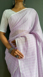 Thumbnail for Malishka Export Cotton Striped  Ready To Wear Saree With Blouse Piece - Lavender - Distacart