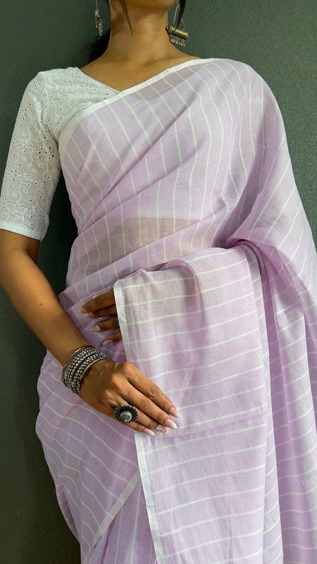 Malishka Export Cotton Striped  Ready To Wear Saree With Blouse Piece - Lavender - Distacart