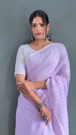 Thumbnail for Malishka Export Cotton Striped  Ready To Wear Saree With Blouse Piece - Lavender - Distacart