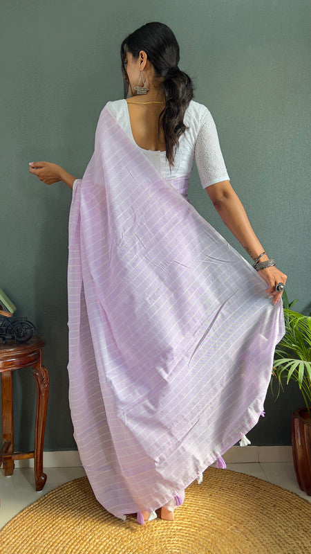 Malishka Export Cotton Striped  Ready To Wear Saree With Blouse Piece - Lavender - Distacart