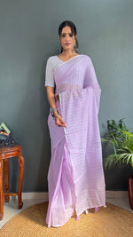 Thumbnail for Malishka Export Cotton Striped  Ready To Wear Saree With Blouse Piece - Lavender - Distacart