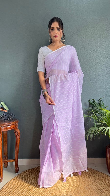 Malishka Export Cotton Striped  Ready To Wear Saree With Blouse Piece - Lavender - Distacart