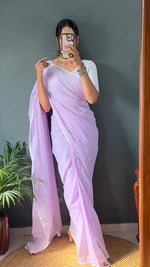 Thumbnail for Malishka Export Cotton Striped  Ready To Wear Saree With Blouse Piece - Lavender - Distacart