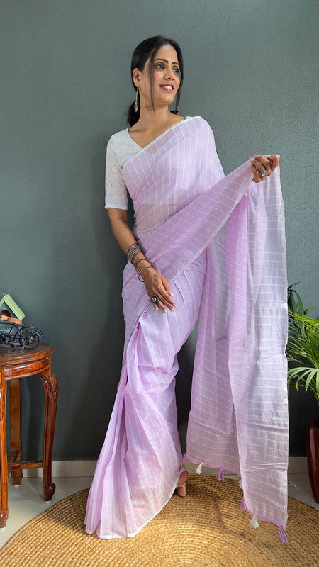 Malishka Export Cotton Striped  Ready To Wear Saree With Blouse Piece - Lavender - Distacart
