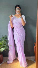 Thumbnail for Malishka Export Cotton Striped  Ready To Wear Saree With Blouse Piece - Lavender - Distacart