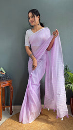 Thumbnail for Malishka Export Cotton Striped  Ready To Wear Saree With Blouse Piece - Lavender - Distacart