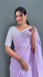 Thumbnail for Malishka Export Cotton Striped  Ready To Wear Saree With Blouse Piece - Lavender - Distacart