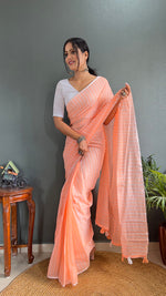 Thumbnail for Malishka Export Cotton Striped  Ready To Wear Saree With Blouse Piece - Orange - Distacart