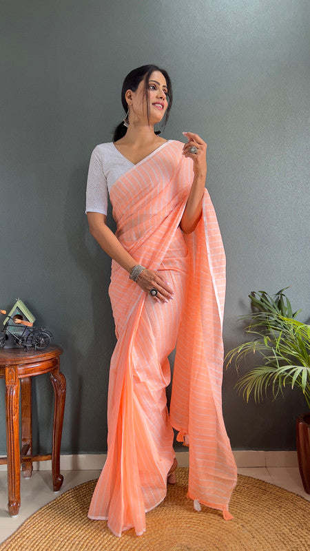 Malishka Export Cotton Striped  Ready To Wear Saree With Blouse Piece - Orange - Distacart