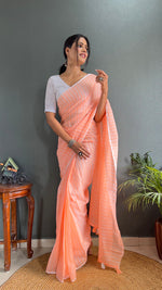 Thumbnail for Malishka Export Cotton Striped  Ready To Wear Saree With Blouse Piece - Orange - Distacart