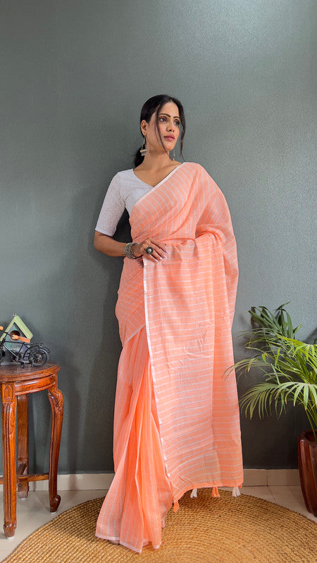 Malishka Export Cotton Striped  Ready To Wear Saree With Blouse Piece - Orange - Distacart