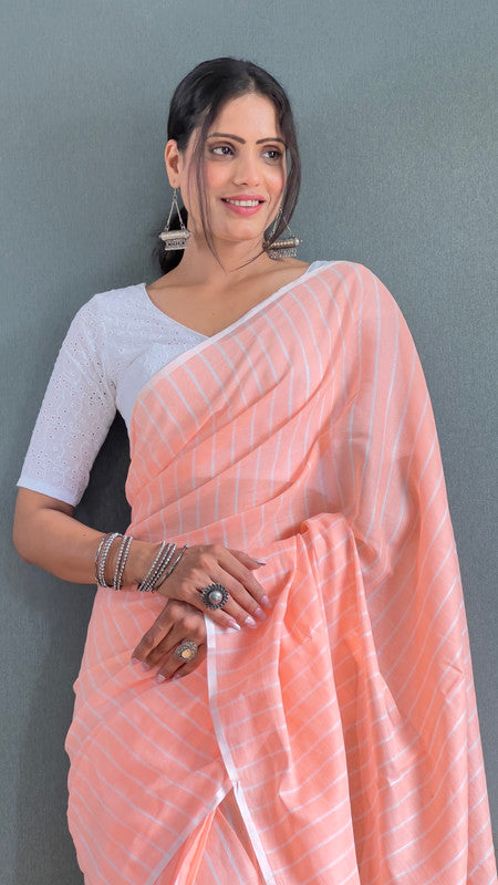 Malishka Export Cotton Striped  Ready To Wear Saree With Blouse Piece - Orange - Distacart