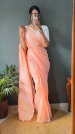 Thumbnail for Malishka Export Cotton Striped  Ready To Wear Saree With Blouse Piece - Orange - Distacart