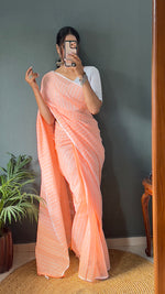 Thumbnail for Malishka Export Cotton Striped  Ready To Wear Saree With Blouse Piece - Orange - Distacart