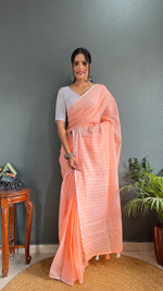Thumbnail for Malishka Export Cotton Striped  Ready To Wear Saree With Blouse Piece - Orange - Distacart