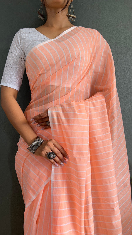 Malishka Export Cotton Striped  Ready To Wear Saree With Blouse Piece - Orange - Distacart