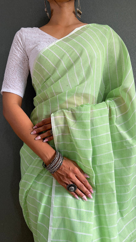 Malishka Export Cotton Striped  Ready To Wear Saree With Blouse Piece - Parrot - Distacart