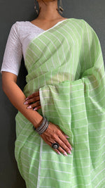 Thumbnail for Malishka Export Cotton Striped  Ready To Wear Saree With Blouse Piece - Parrot - Distacart